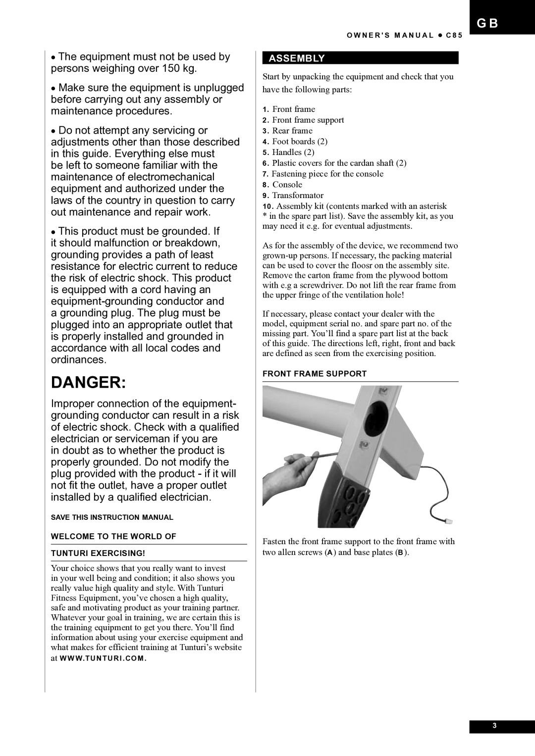 Tunturi C85 owner manual Assembly 