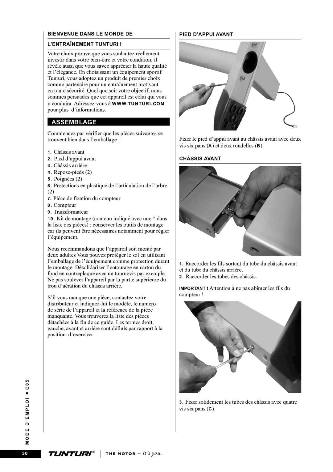 Tunturi C85 owner manual Assemblage 