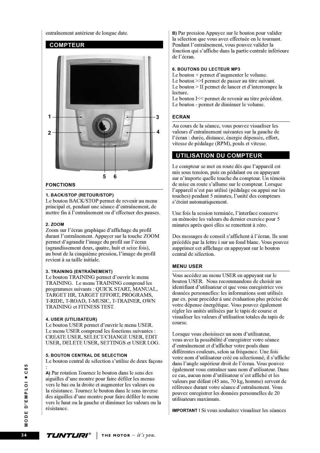 Tunturi C85 owner manual Utilisation DU Compteur 