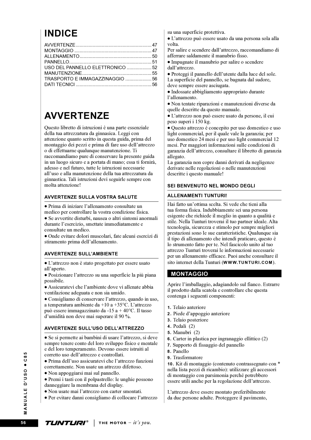 Tunturi C85 owner manual Indice, Montaggio 