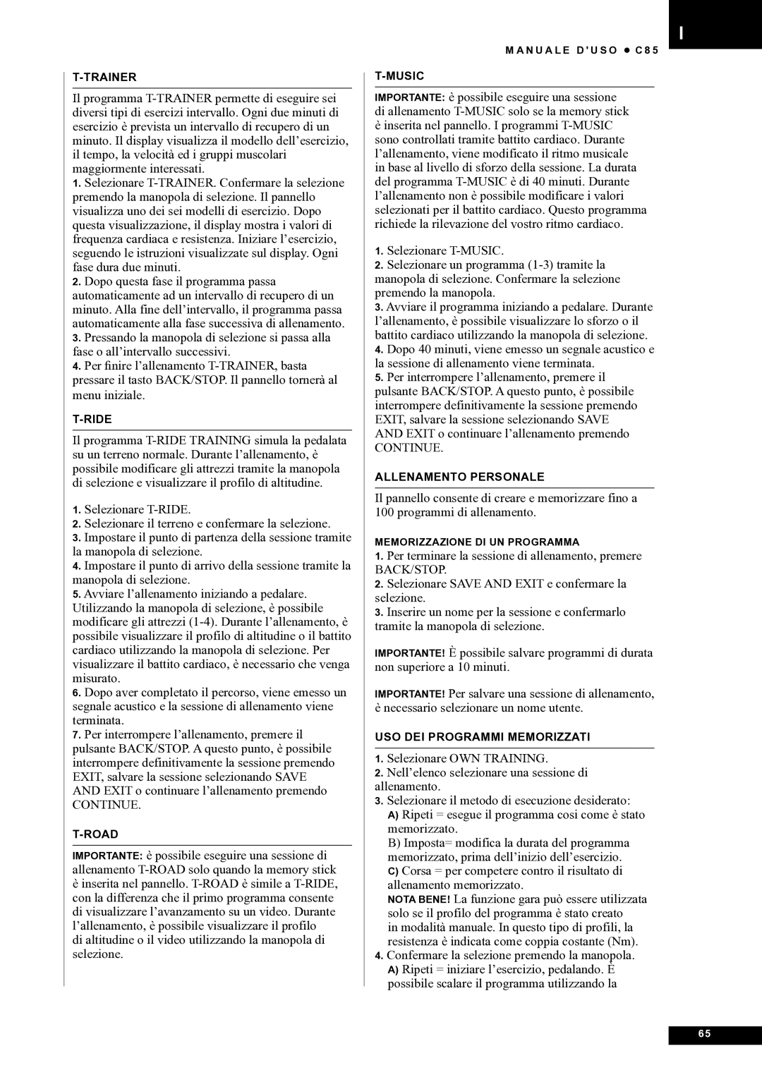 Tunturi C85 owner manual Allenamento Personale 