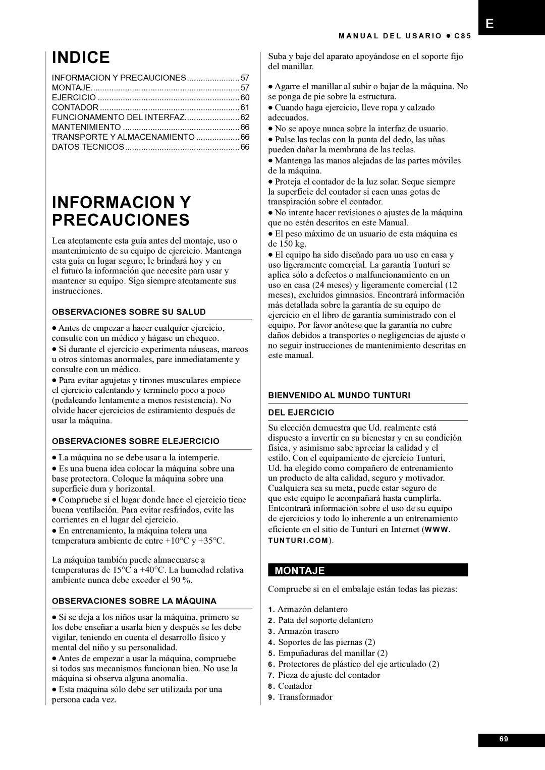 Tunturi C85 owner manual Informacion Y Precauciones, Montaje 