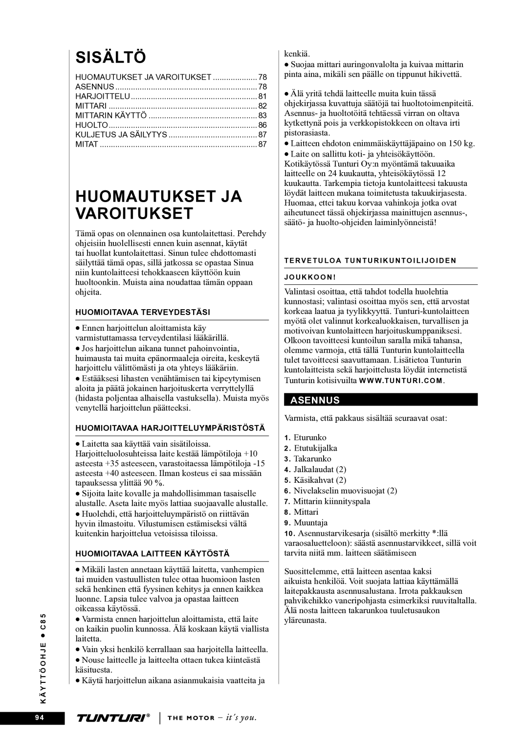 Tunturi C85 owner manual Sisältö, Asennus 