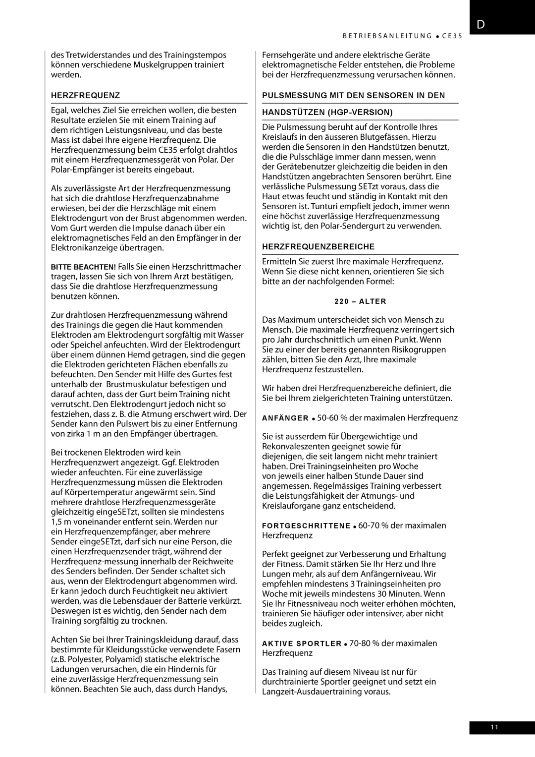 Tunturi CE35 owner manual Pulsmessung MIT DEN Sensoren in DEN Handstützen HGP-VERSION, Herzfrequenzbereiche 