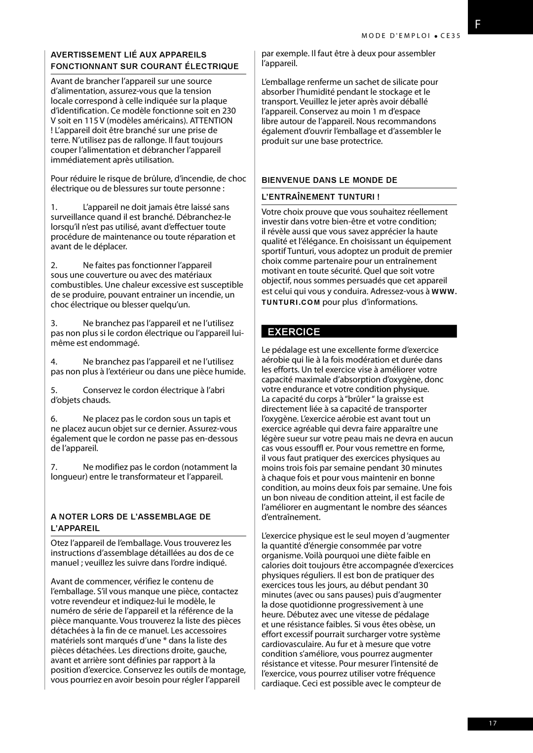 Tunturi CE35 owner manual Exercice, Par exemple. Il faut être à deux pour assembler l’appareil 