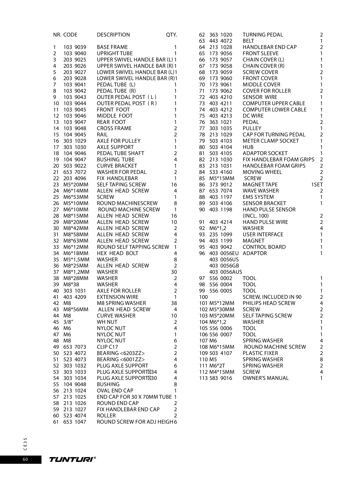 Tunturi CE35 owner manual Nr. code Description 