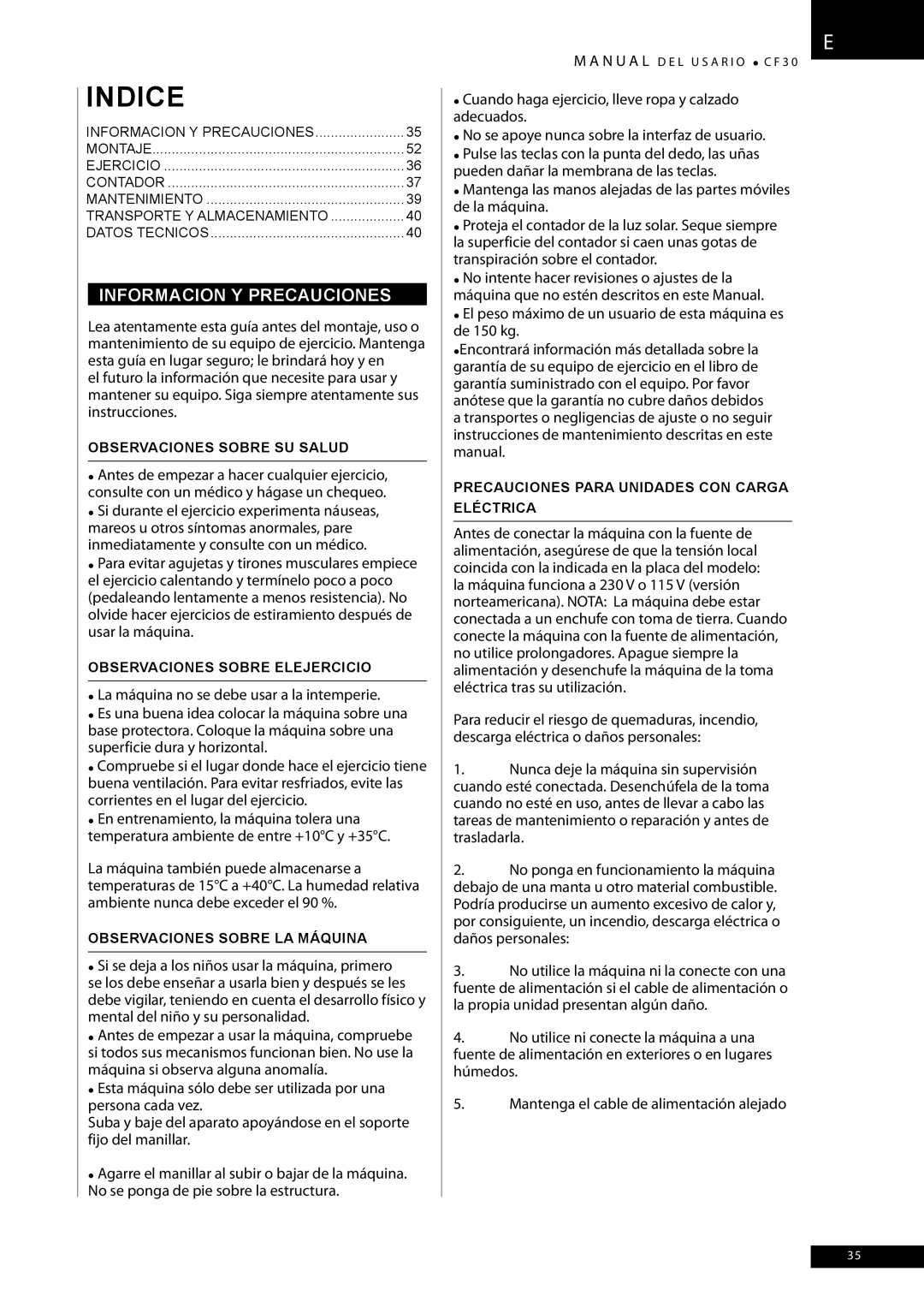 Tunturi CF30 owner manual Informacion Y Precauciones, Observaciones Sobre SU Salud, Observaciones Sobre Elejercicio 