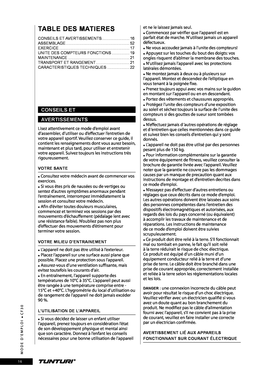Tunturi CF30 owner manual Table des Matieres, Conseils Et Avertissements 