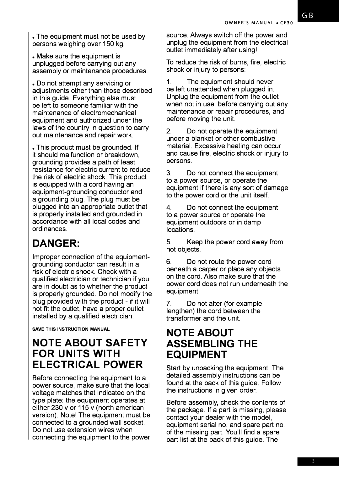 Tunturi CF30 owner manual Danger, Note about safety for units with electrical power, Note about assembling the equipment 
