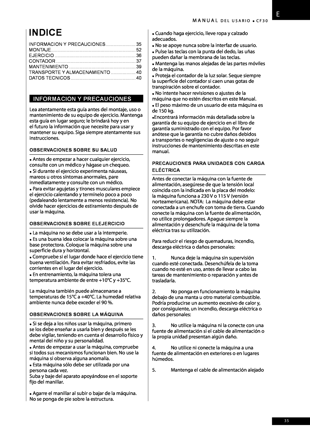Tunturi CF30 owner manual indice, Informacion Y Precauciones 