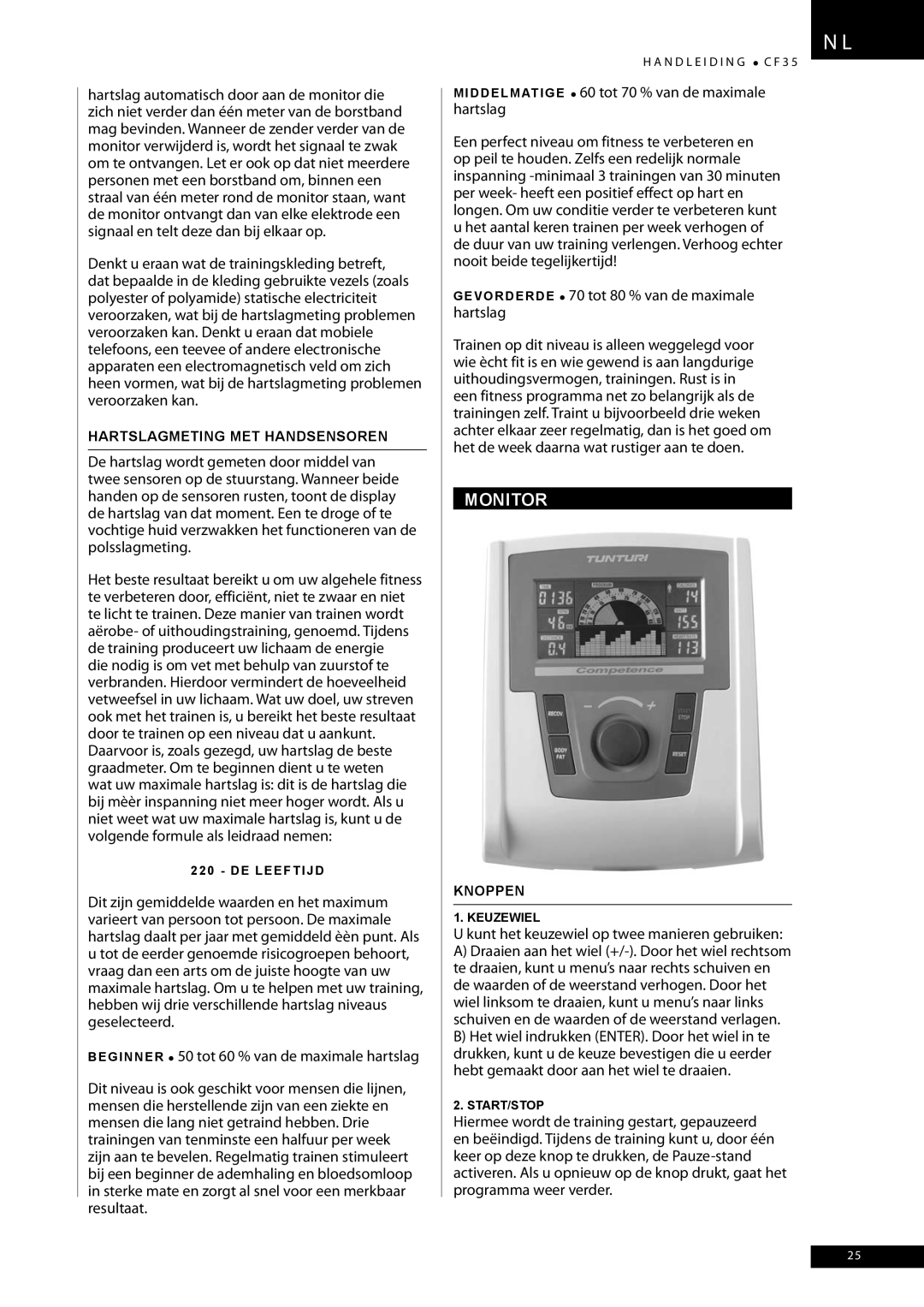 Tunturi CF35 owner manual Monitor, Kunt het keuzewiel op twee manieren gebruiken, Hartslagmeting MET Handsensoren, Knoppen 