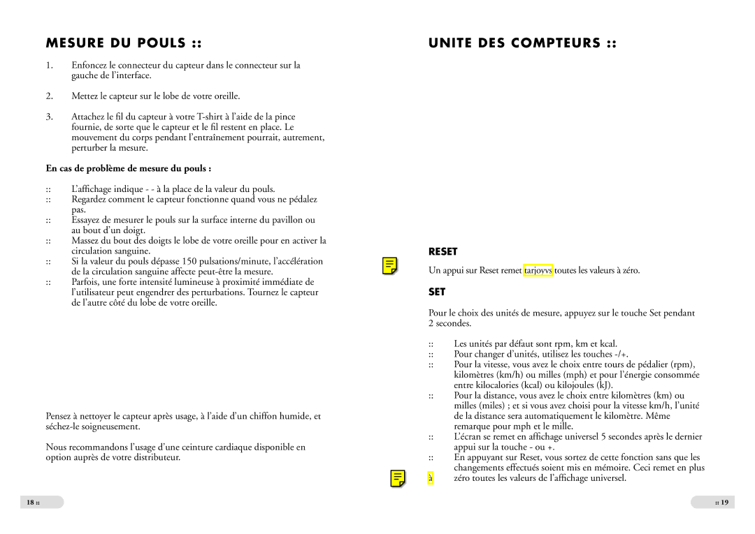 Tunturi E 2 owner manual Mesure DU Pouls, Unite DES Compteurs, En cas de problème de mesure du pouls 