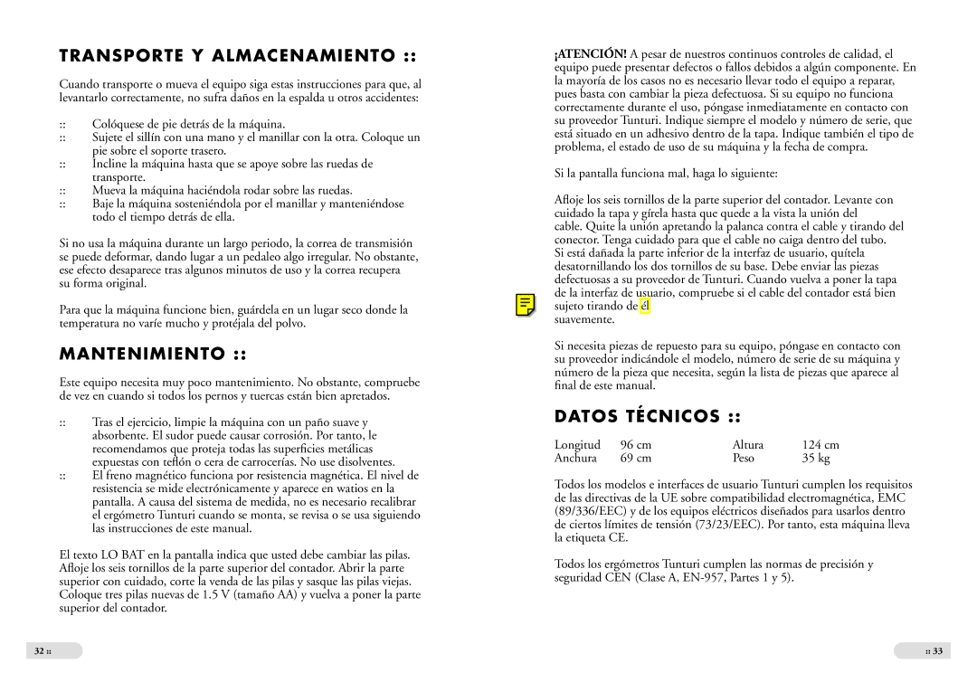 Tunturi E 2 owner manual Transporte Y Almacenamiento, Mantenimiento, Datos Técnicos 