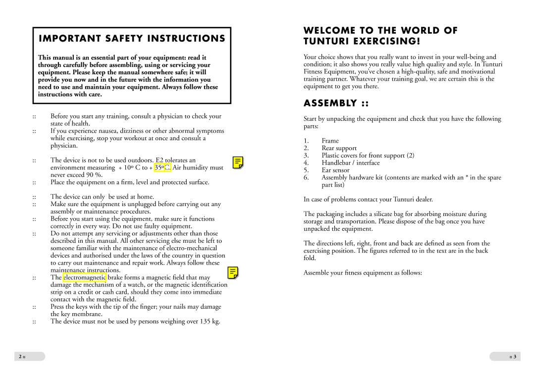 Tunturi E 2 owner manual Important Safety Instructions, Welcome to the World Tunturi Exercising, Assembly 