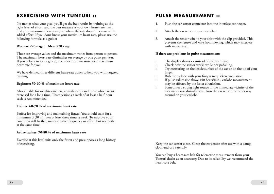 Tunturi E 2 owner manual Exercising with Tunturi, Pulse Measurement 