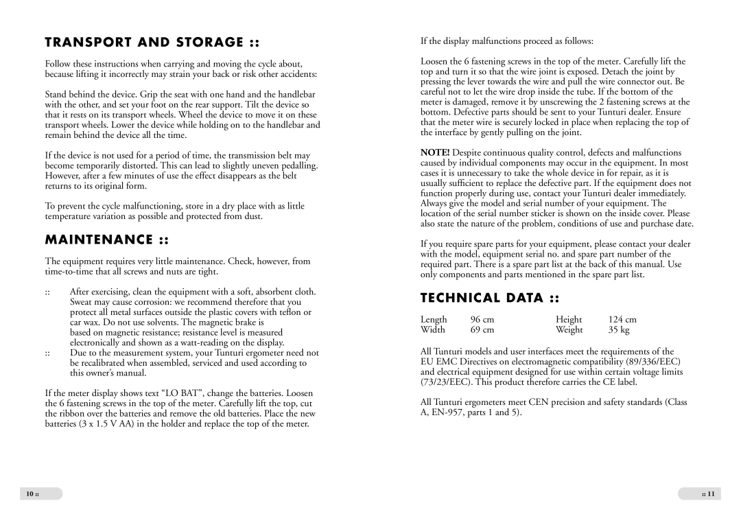 Tunturi E 2 owner manual Transport and Storage, Maintenance, Technical Data 