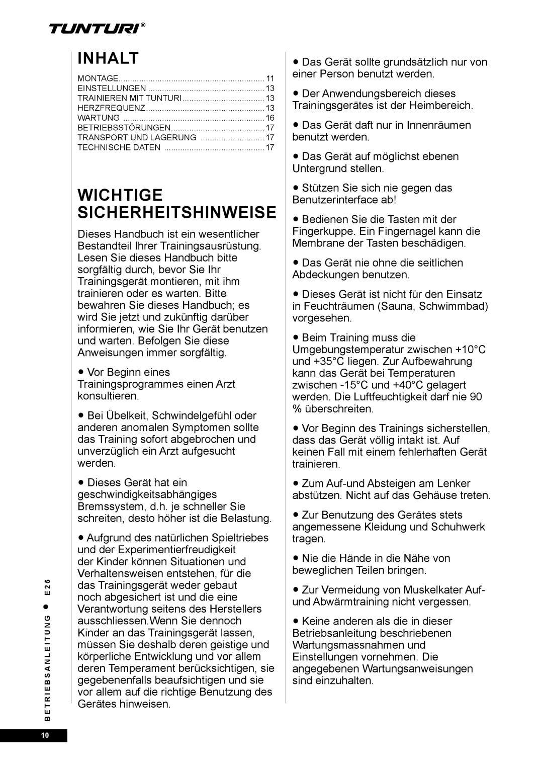 Tunturi E25 owner manual Inhalt, Wichtige Sicherheitshinweise 