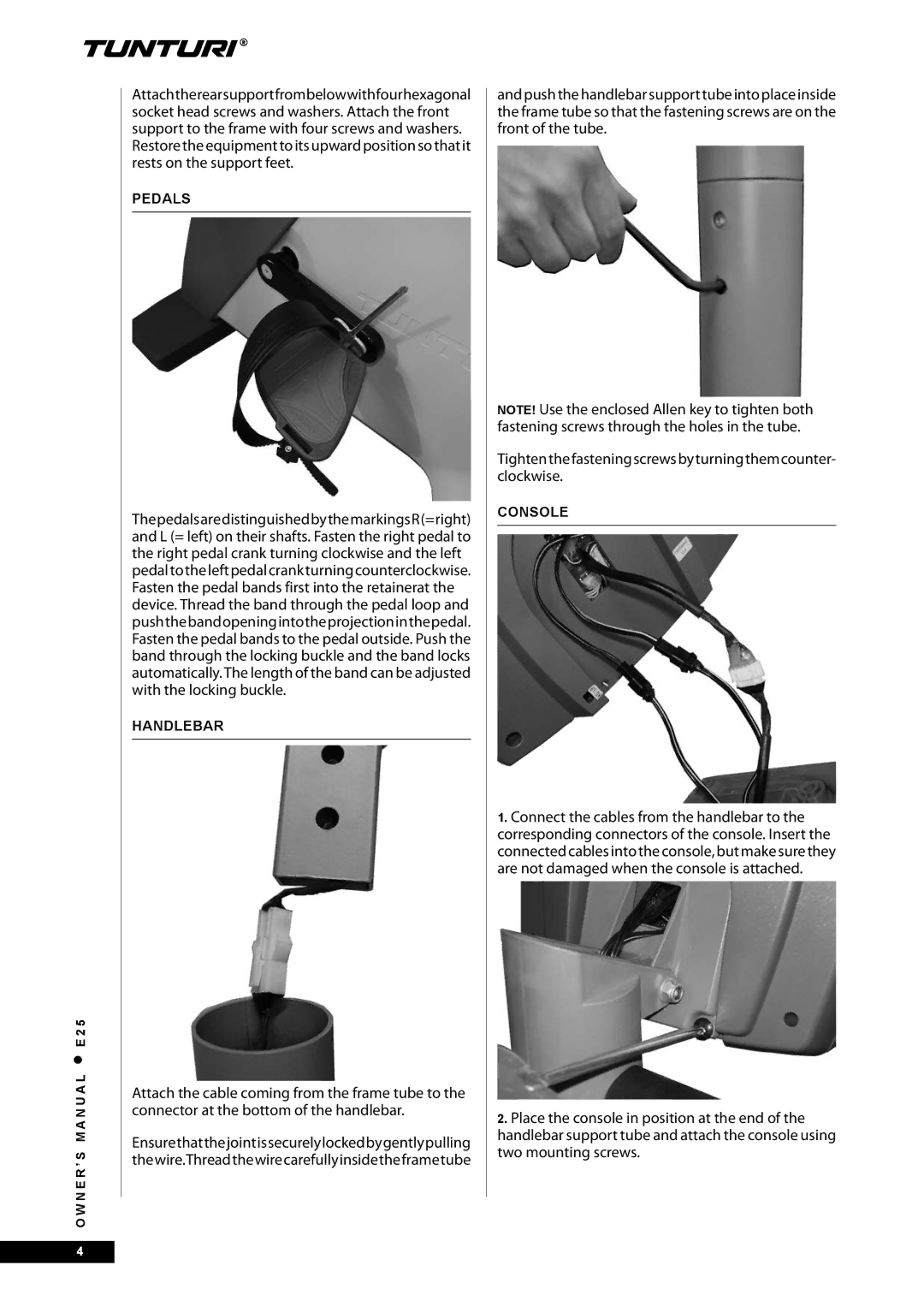 Tunturi E25 owner manual Pedals, Handlebar, Console 