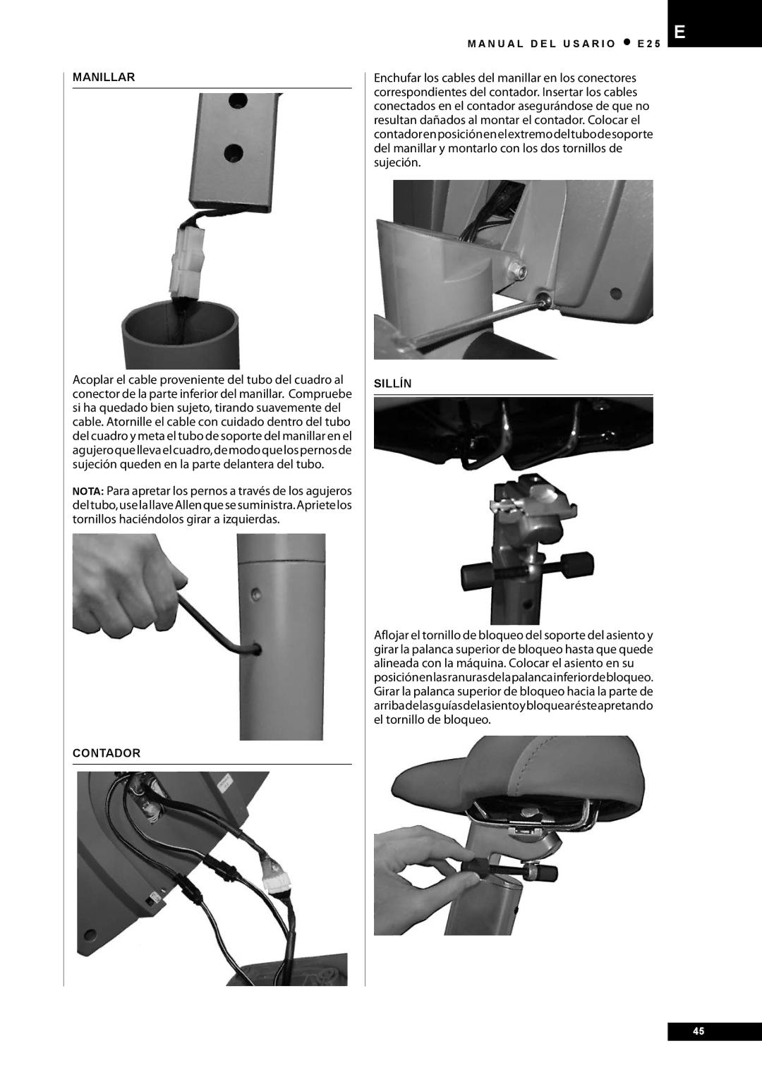 Tunturi E25 owner manual Manillar, Contador, Sillín 