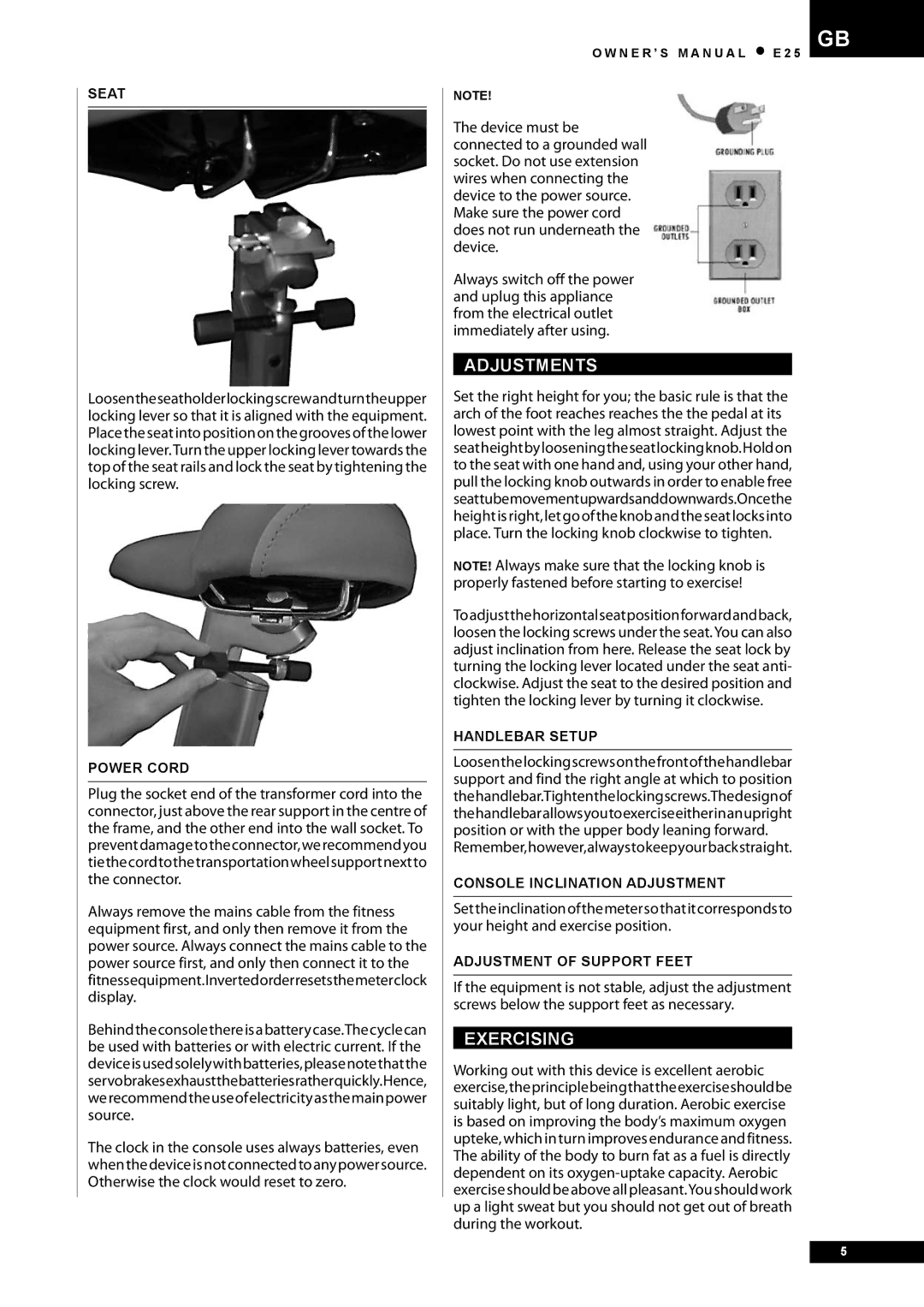 Tunturi E25 owner manual Adjustments, Exercising 