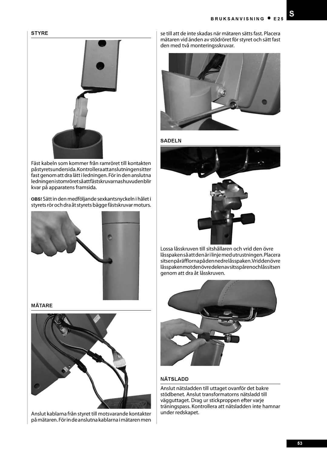 Tunturi E25 owner manual Styre, Mätare, Nätsladd 