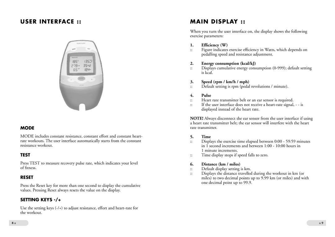 Tunturi E3 owner manual User Interface, Main Display 