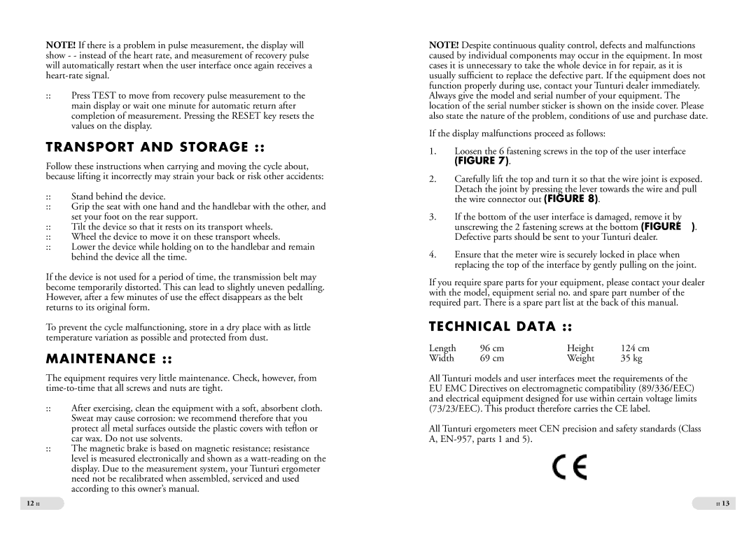 Tunturi E3 owner manual Transport and Storage, Maintenance, Technical Data 