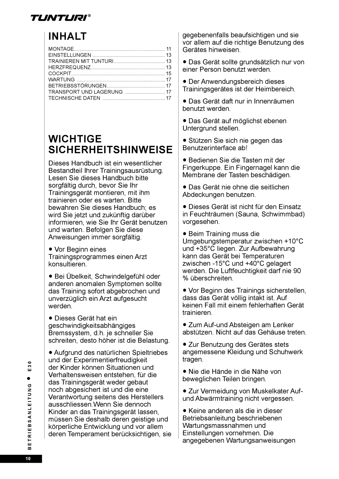 Tunturi E30 owner manual Inhalt, Wichtige Sicherheitshinweise 