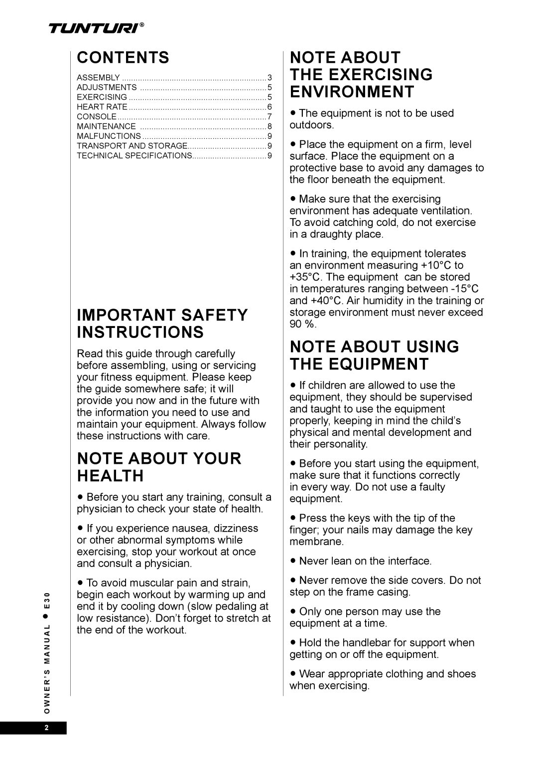 Tunturi E30 owner manual Important Safety Instructions, Exercising Environment 