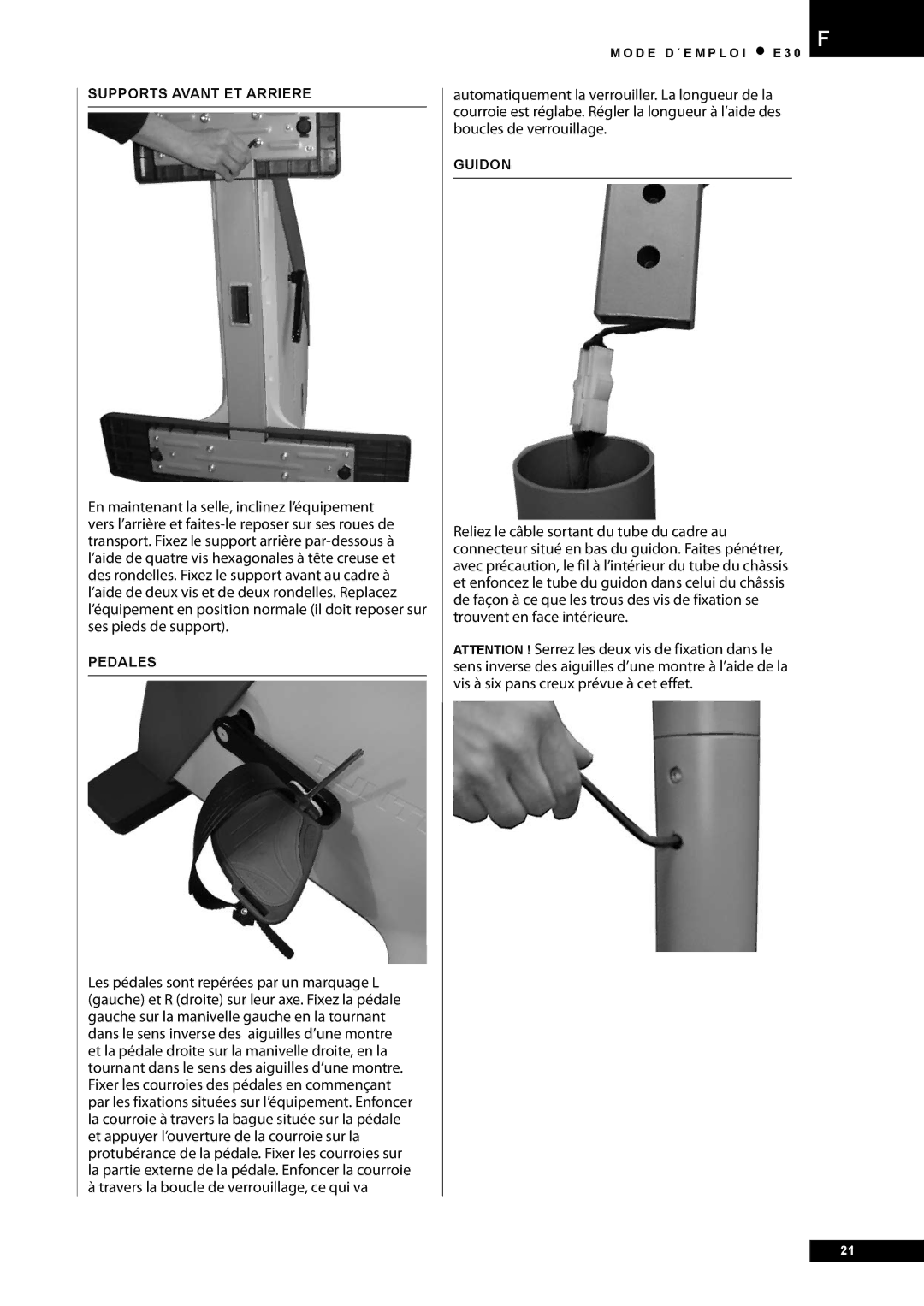 Tunturi E30 owner manual Supports Avant ET Arriere, Pedales, Guidon 