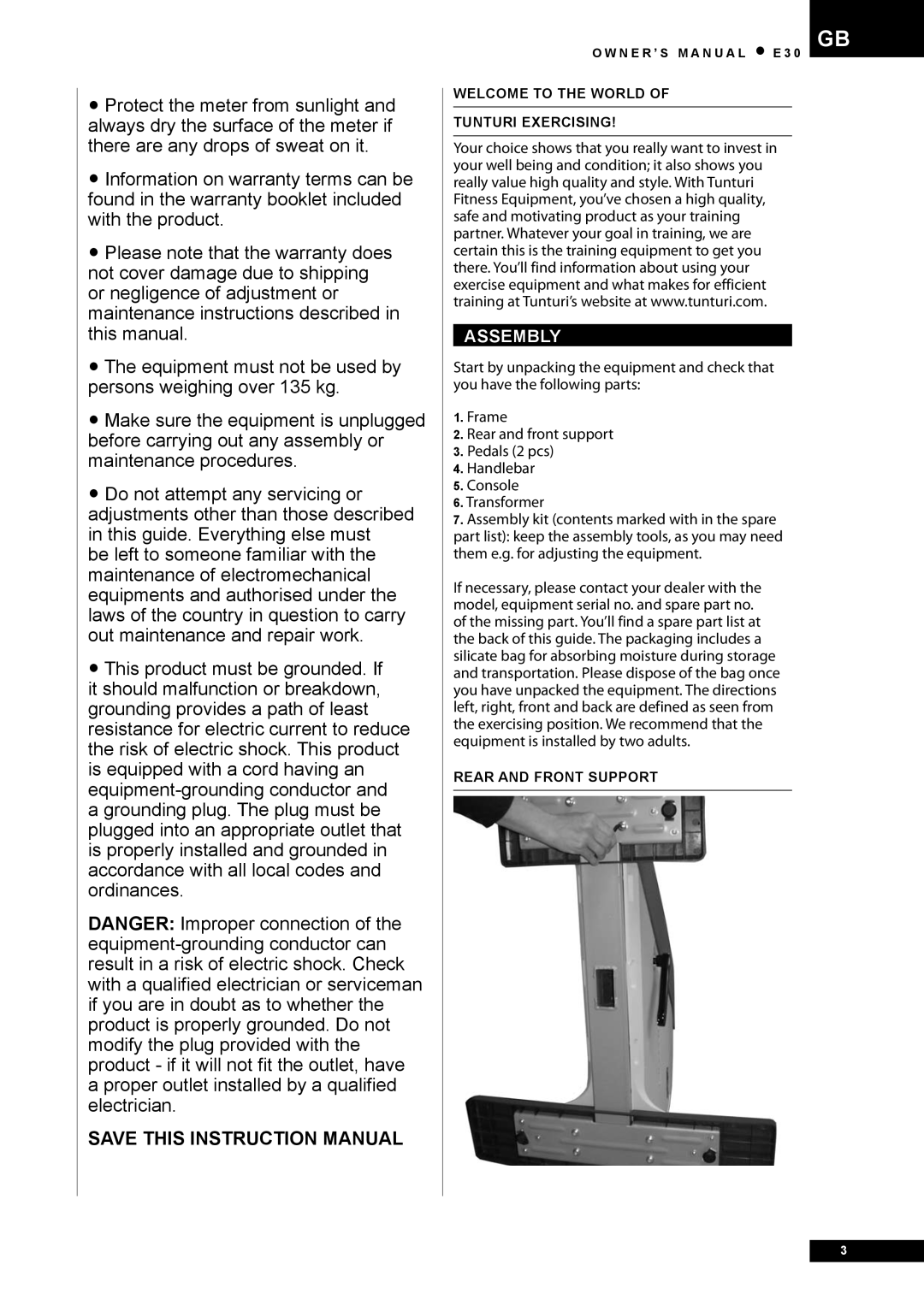 Tunturi E30 owner manual Assembly, Welcome to the World Tunturi Exercising, Rear and Front Support 