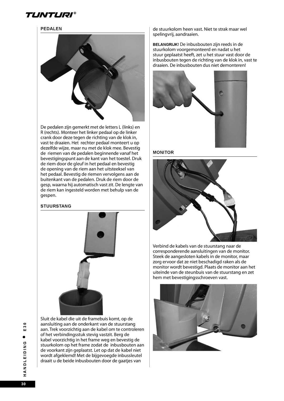 Tunturi E30 owner manual Pedalen, Stuurstang, Monitor 