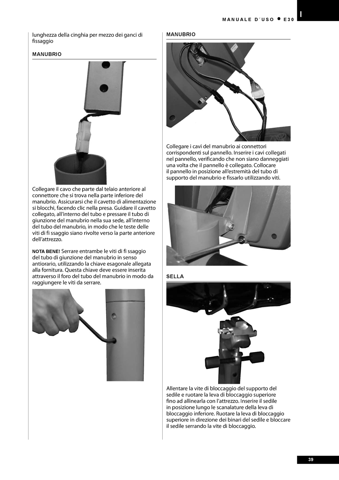 Tunturi E30 owner manual Lunghezza della cinghia per mezzo dei ganci di fissaggio, Manubrio 