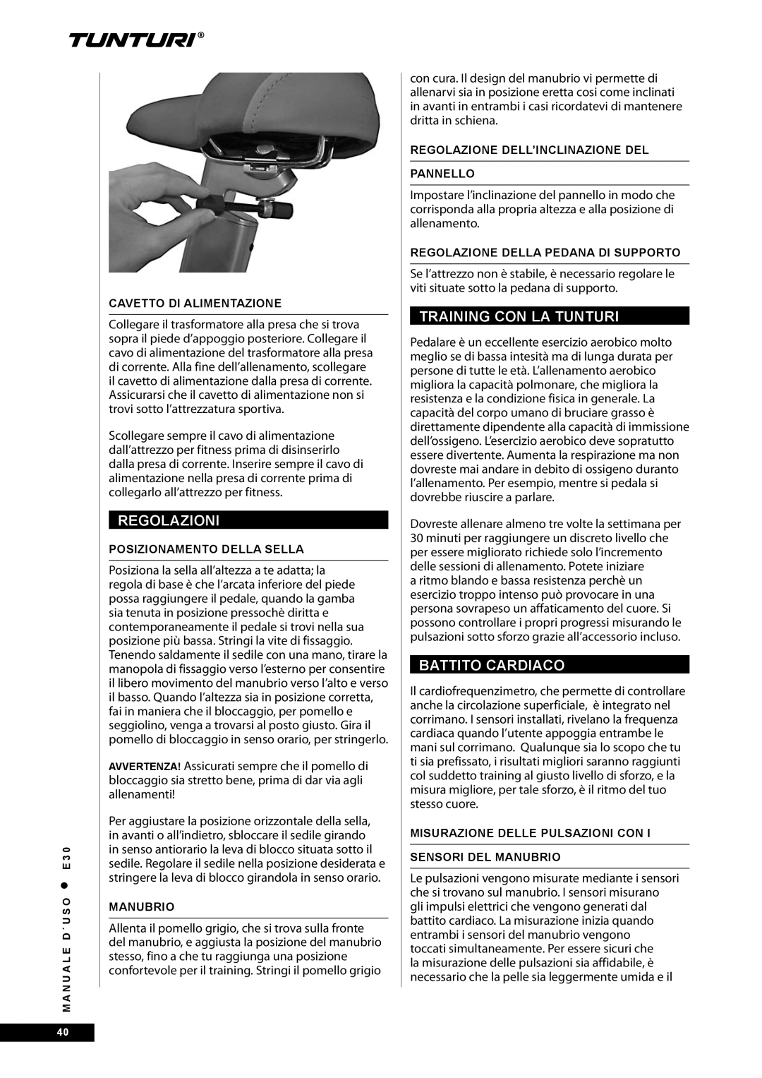 Tunturi E30 owner manual Regolazioni, Training CON LA Tunturi, Battito Cardiaco 