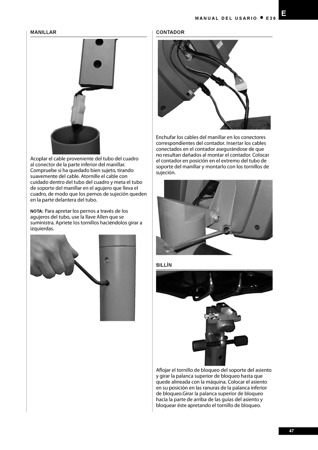 Tunturi E30 owner manual Manillar, Contador, Sillín 