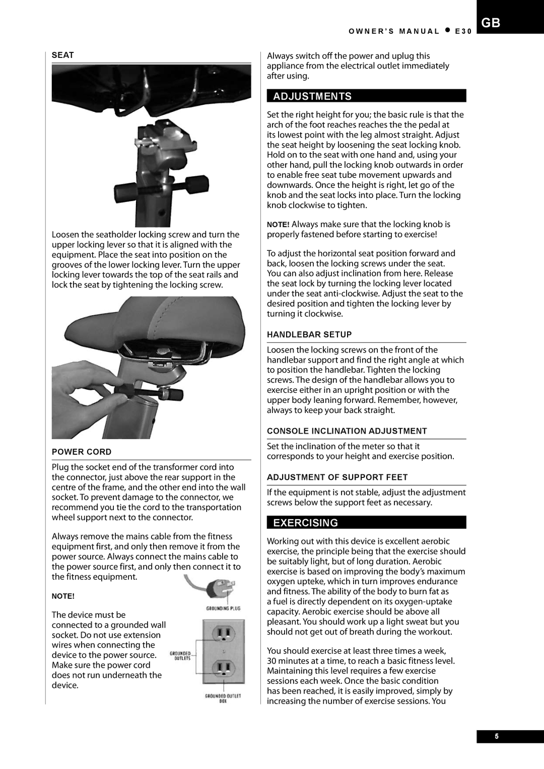 Tunturi E30 owner manual Adjustments, Exercising 