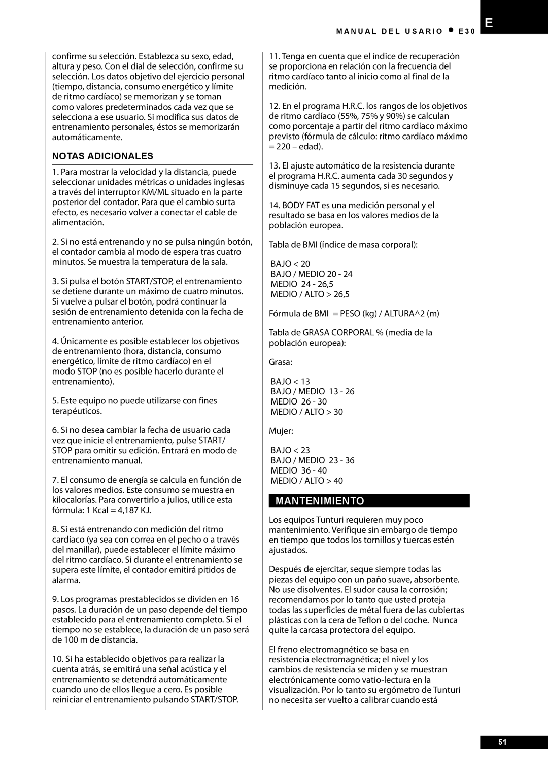 Tunturi E30 owner manual Mantenimiento, Notas Adicionales, Mujer Bajo Bajo / Medio 23 Medio 36 