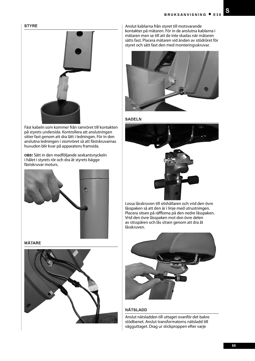 Tunturi E30 owner manual Av sitsspåren och lås sitsen genom att dra åt låsskruven, Styre, Mätare, Nätsladd 