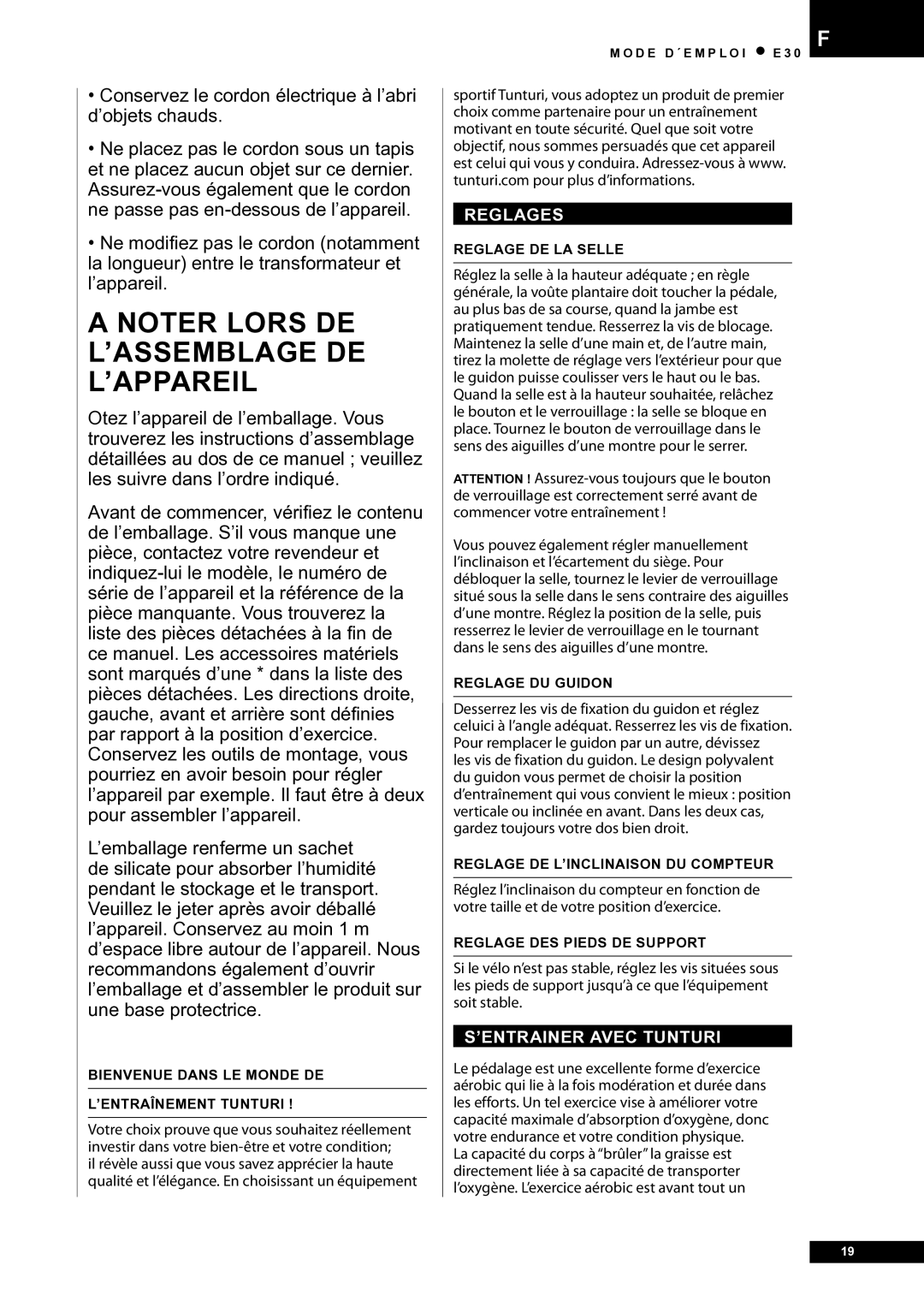 Tunturi E30L owner manual Reglages, ’ENTRAINER Avec Tunturi 