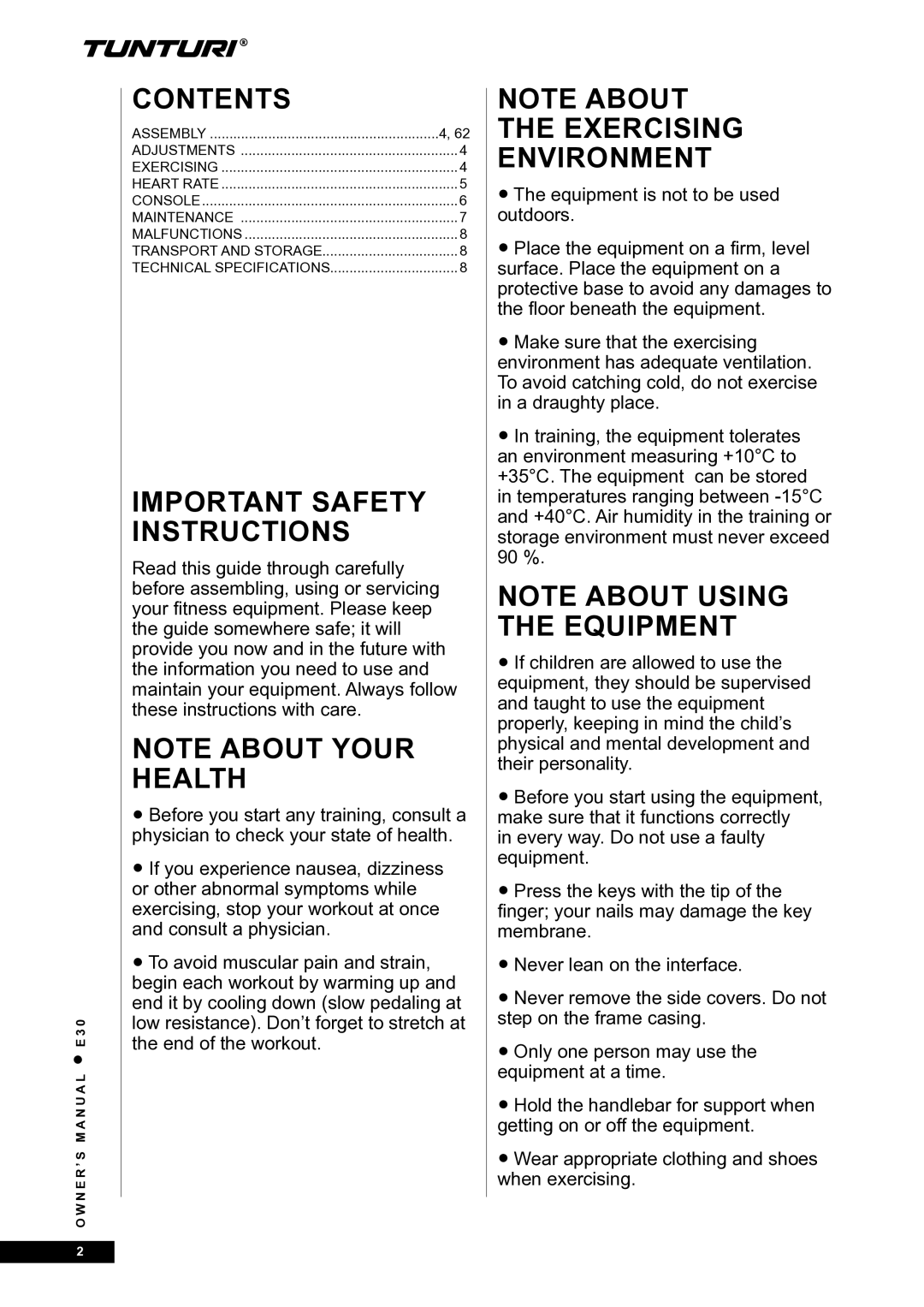 Tunturi E30L owner manual Contents, Important Safety Instructions, Exercising Environment 