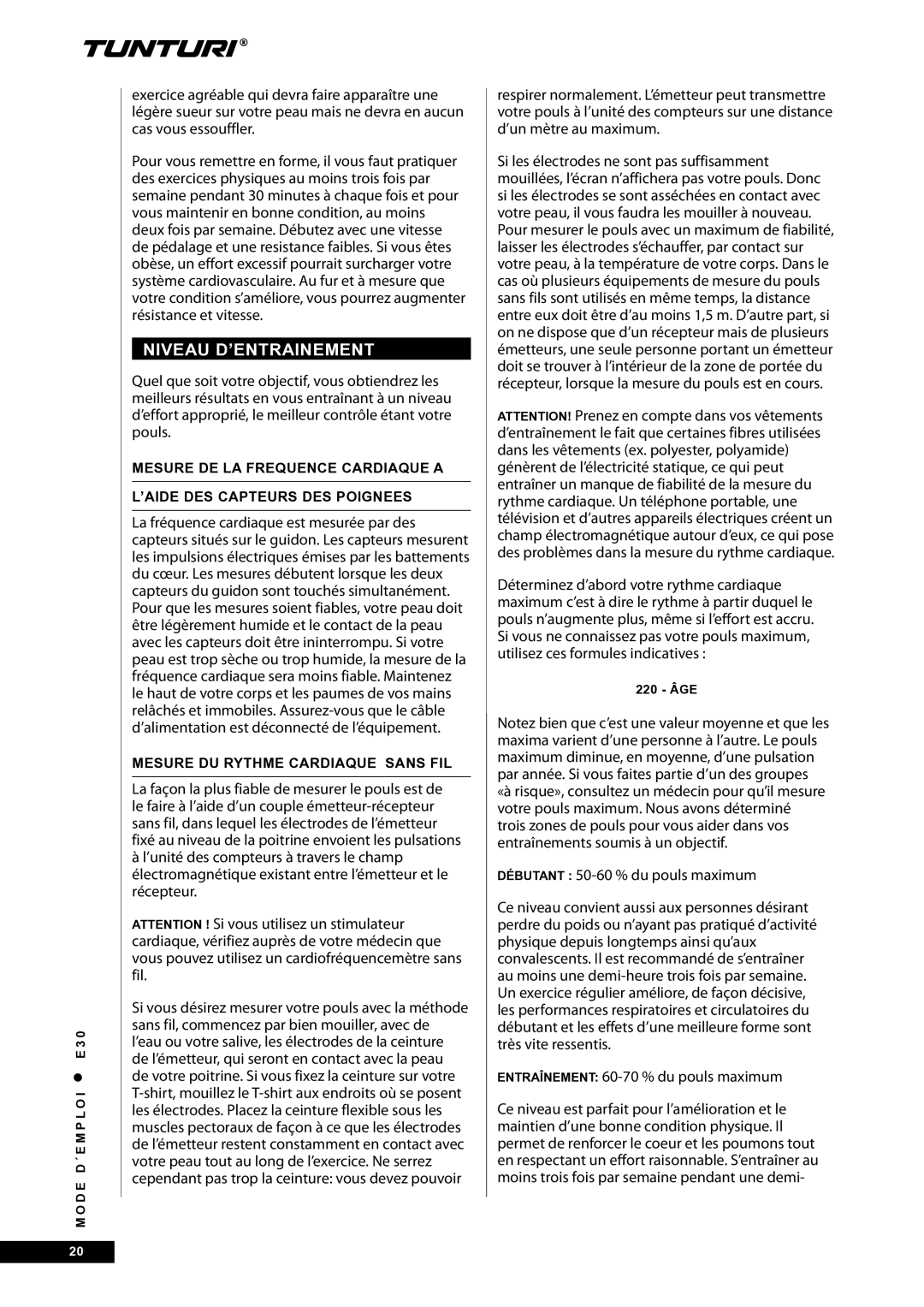 Tunturi E30L owner manual Niveau D’ENTRAINEMENT, Mesure DU Rythme Cardiaque Sans FIL 