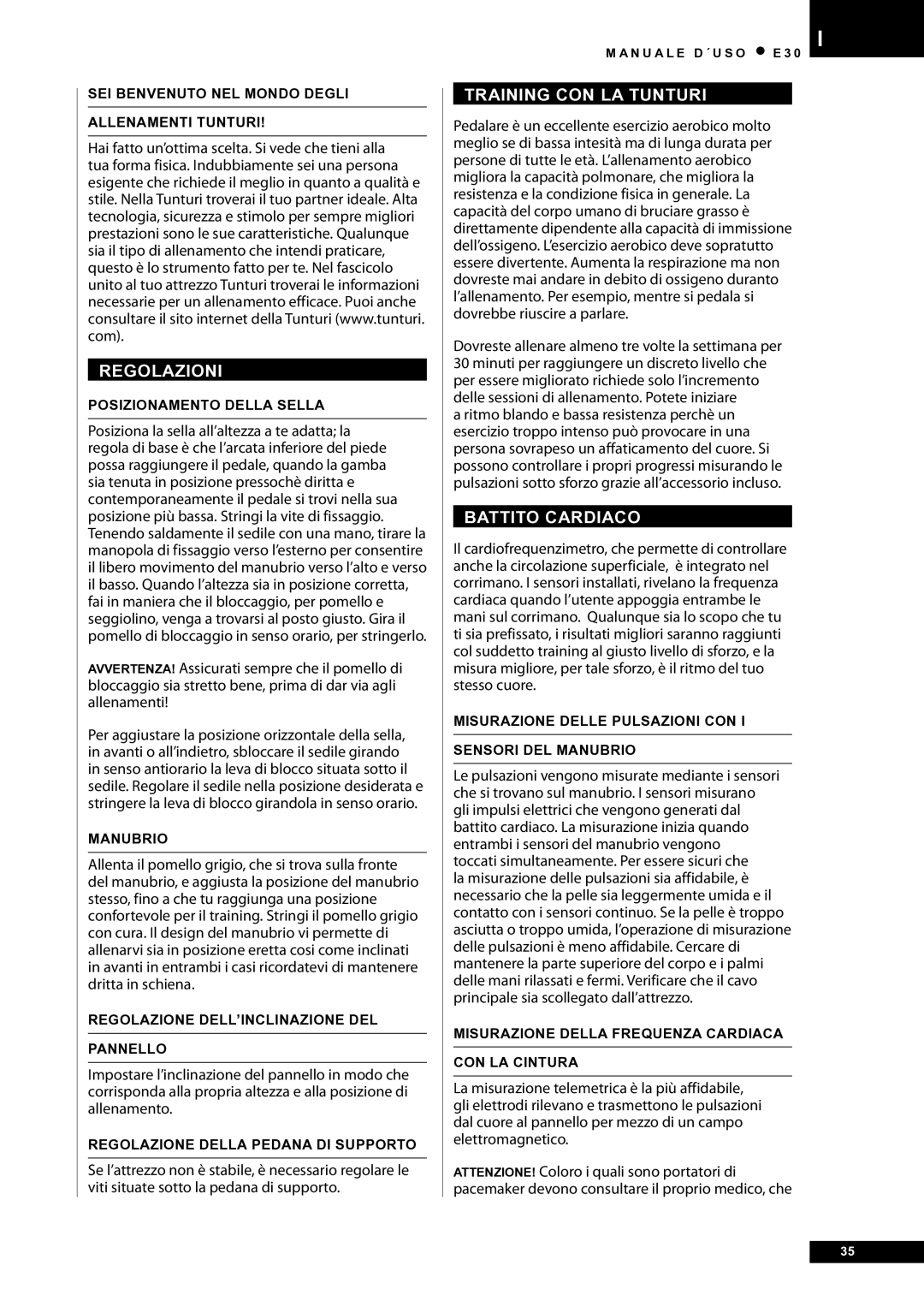 Tunturi E30L owner manual Regolazioni, Training CON LA Tunturi, Battito Cardiaco 