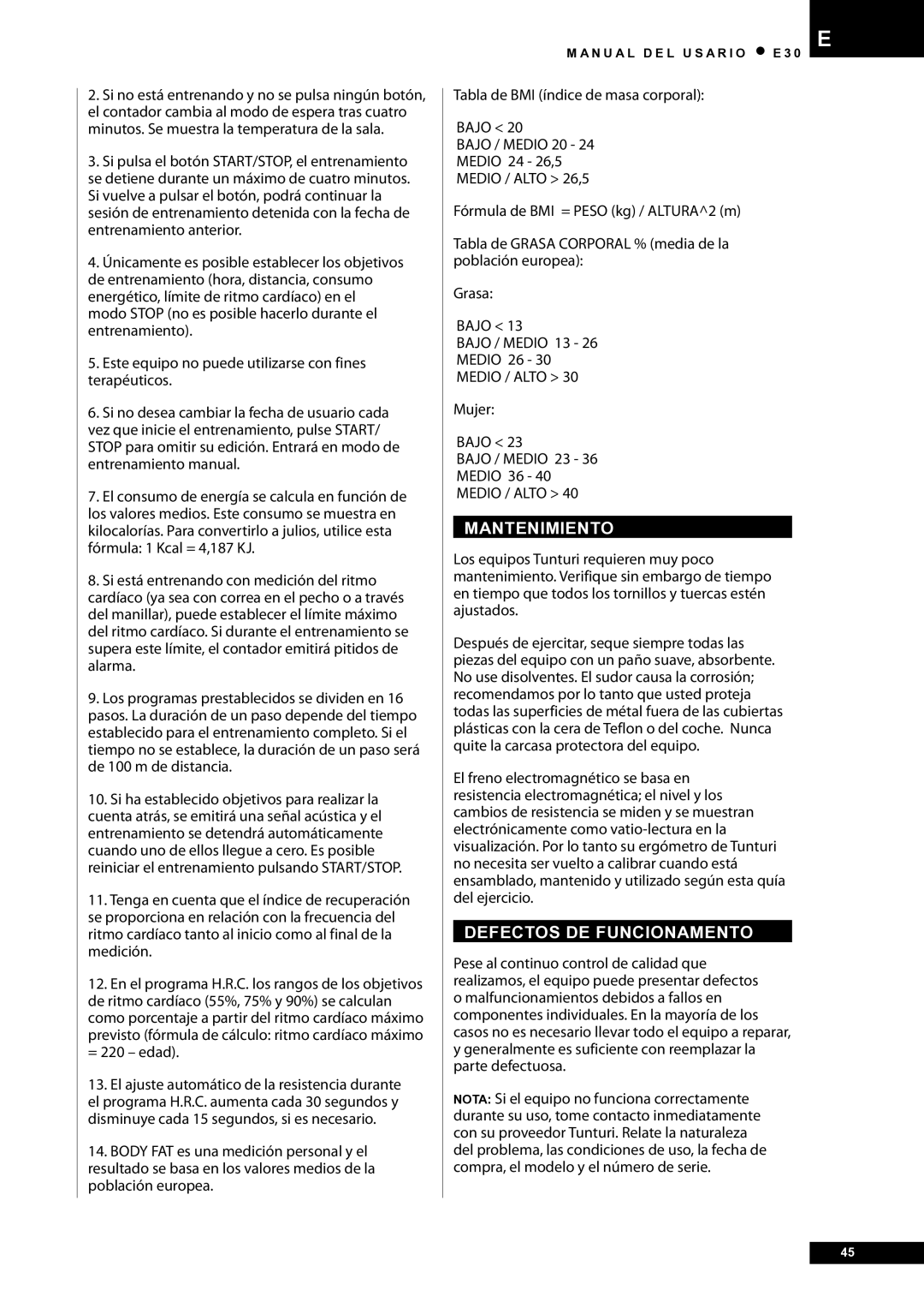 Tunturi E30L owner manual Mantenimiento, Mujer Bajo Bajo / Medio 23 Medio 36 