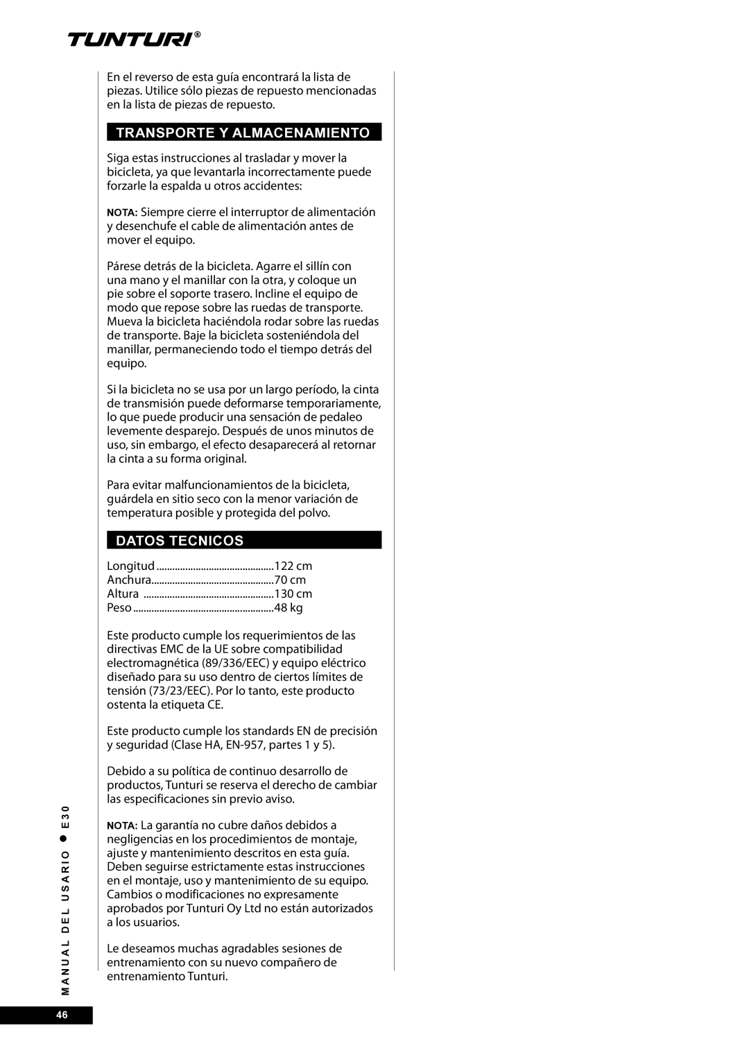 Tunturi E30L owner manual Transporte Y Almacenamiento, Datos Tecnicos 