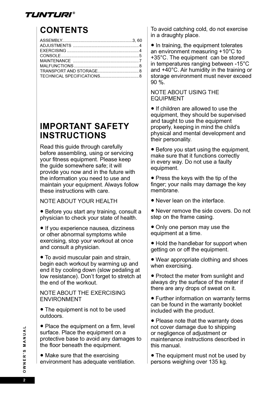 Tunturi E30R owner manual Contents, Important Safety Instructions 