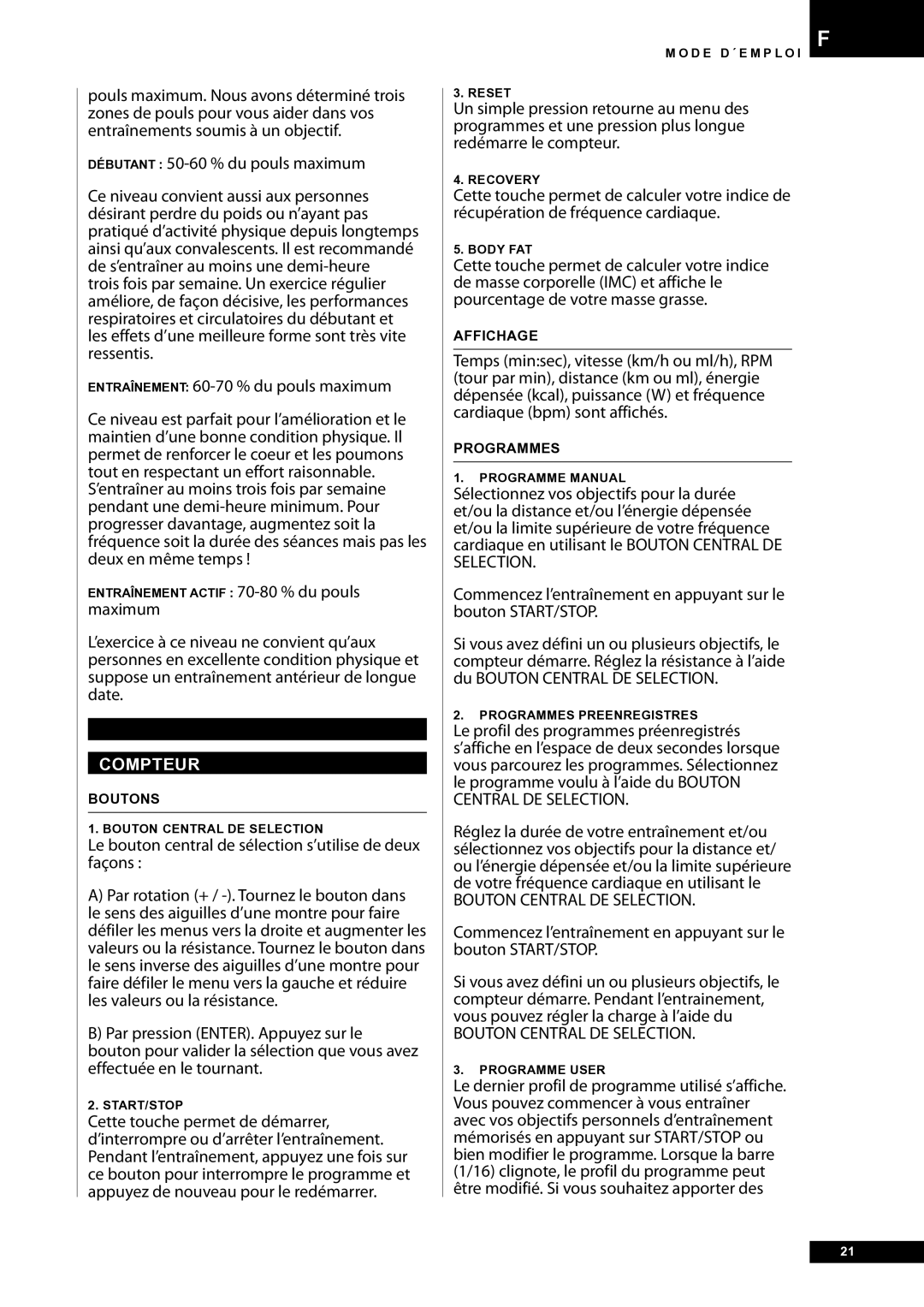 Tunturi E30R owner manual Compteur, Le bouton central de sélection s’utilise de deux façons, Bouton Central DE Selection 