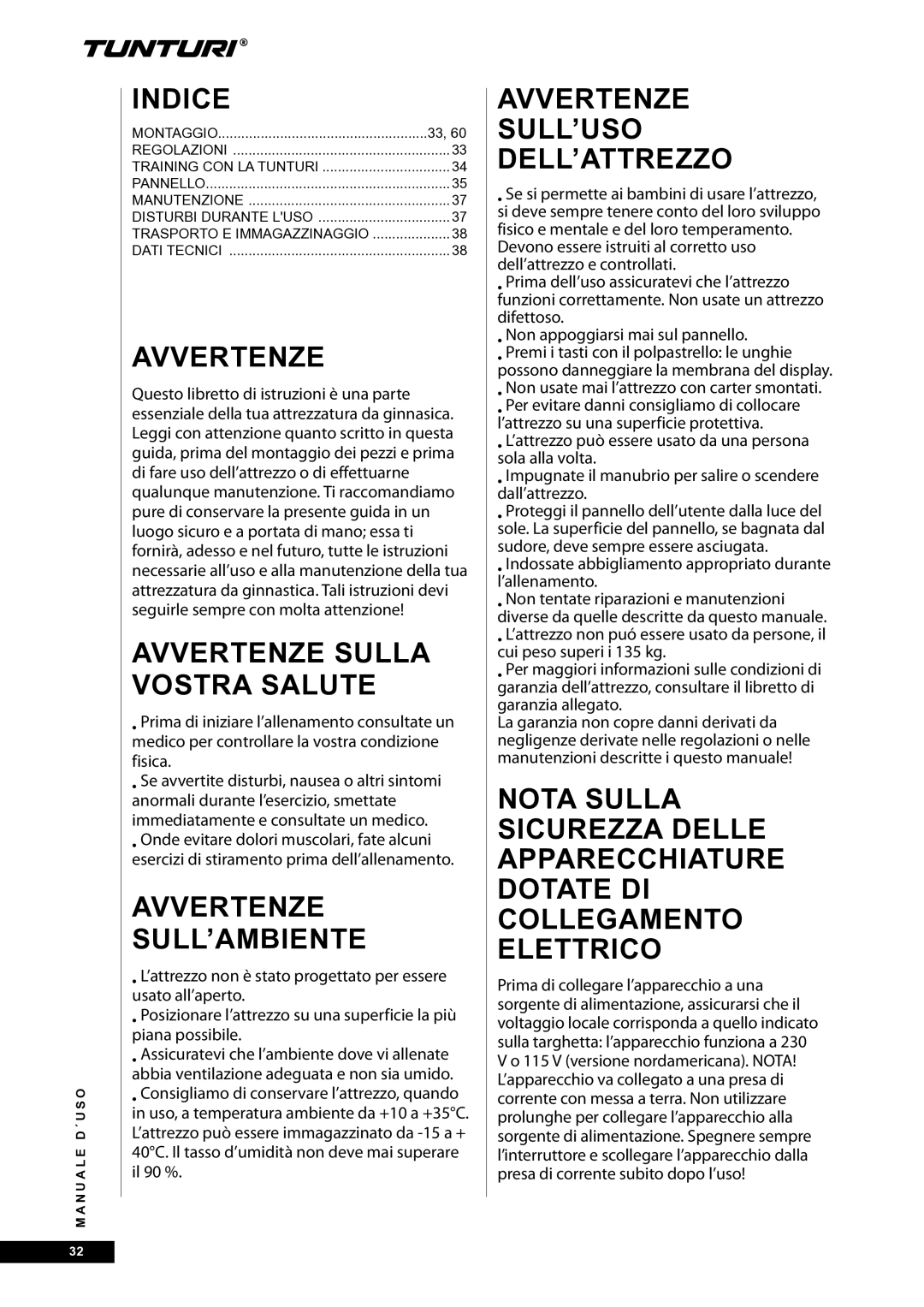 Tunturi E30R Indice, Avvertenze Sulla Vostra Salute, Avvertenze SULL’AMBIENTE, Avvertenze SULL’USO DELL’ATTREZZO 