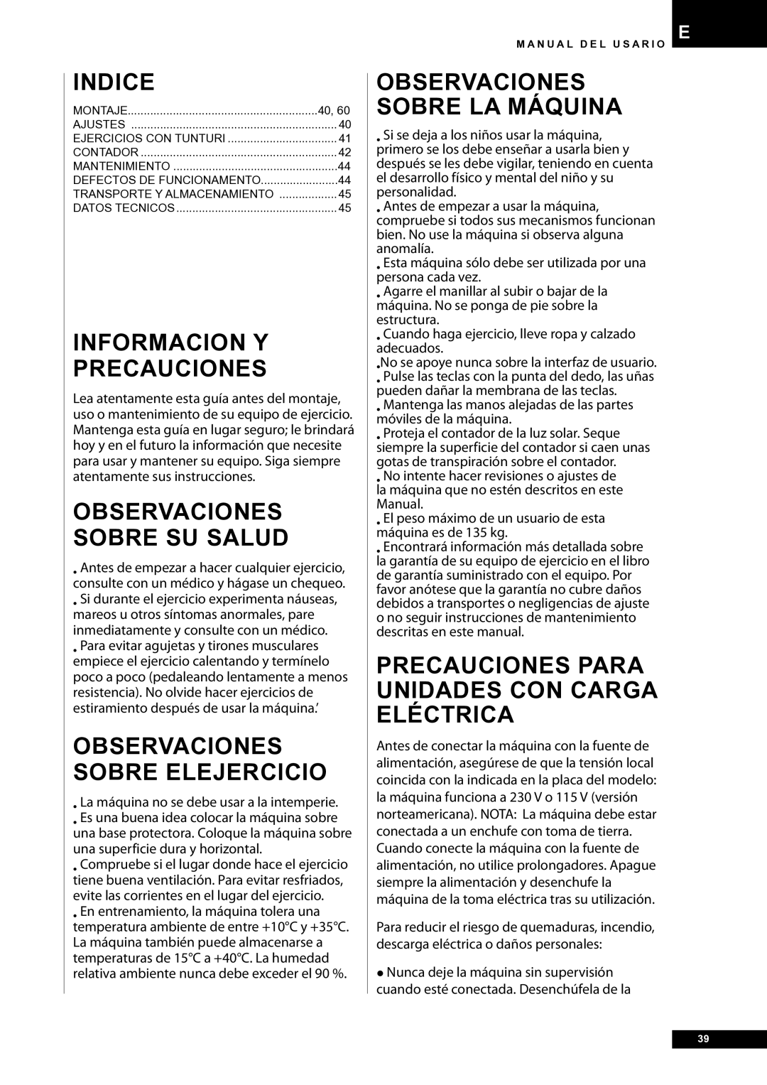 Tunturi E30R owner manual Informacion Y Precauciones, Observaciones Sobre SU Salud, Observaciones Sobre Elejercicio 