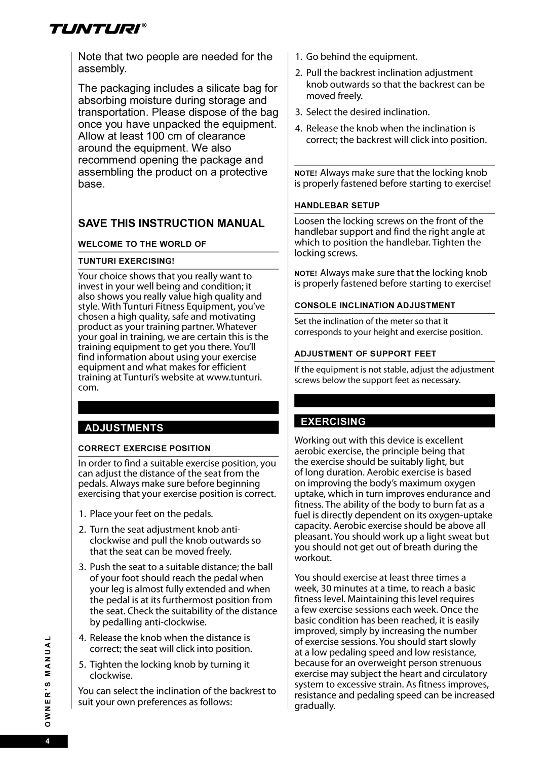 Tunturi E30R owner manual Adjustments, Exercising 