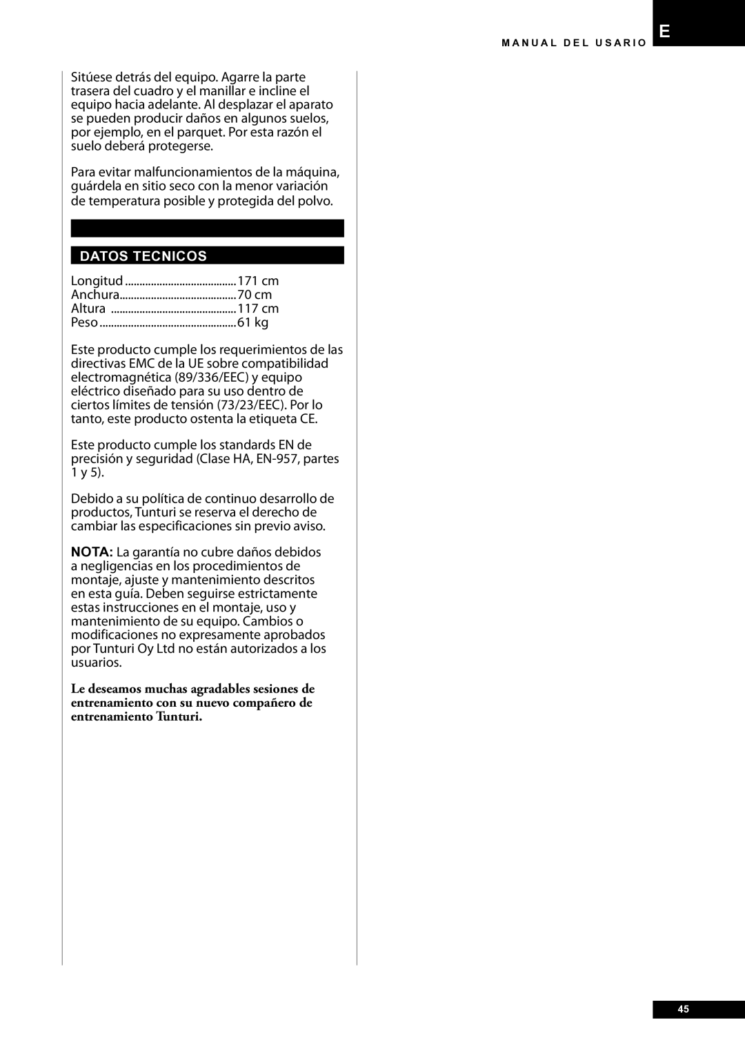 Tunturi E30R owner manual Datos Tecnicos, 171 cm 